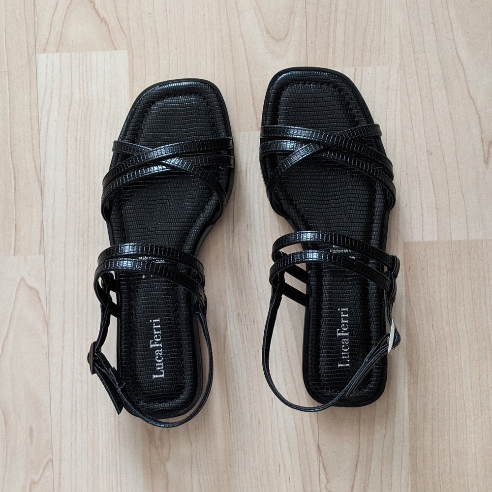 Strappy Black Sandals with Croc Texture
